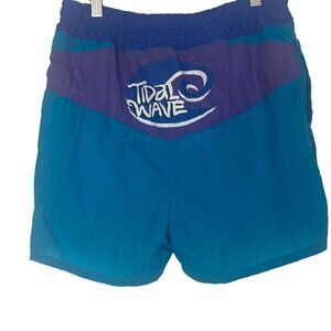 Vintage Tidal Wave Baggy Swim Trunks Mens Medium Blue Purple Mesh Liner Shorts